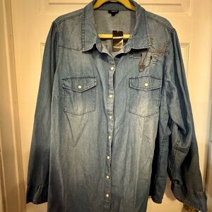 Torrid Light Blue Denim Shirt with Embroidery